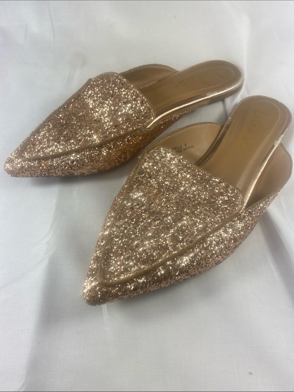 Lulu's Rose Gold Glitter Pointed Toe Slide Flat Mules Shoes
